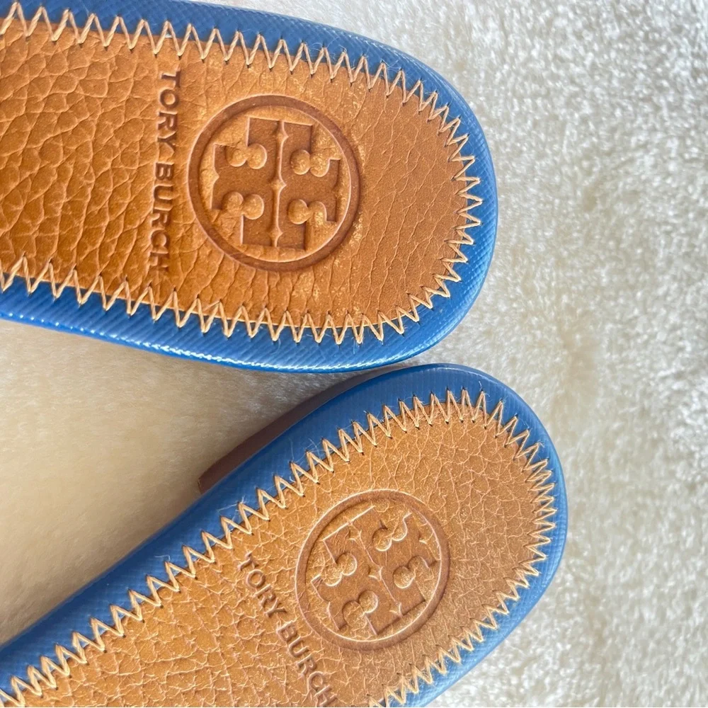 TORY BURCH TROPICAL SAFFINO LEATHER W/PINEAPPLE DETAIL BLUE SANDALS Sz 5.5M